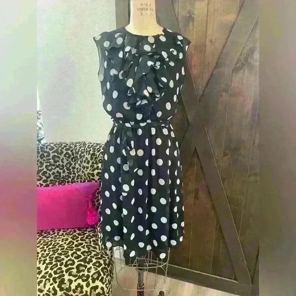 Soho Apparel Black and White Polka Dot Sleeveless Ruffle Dress